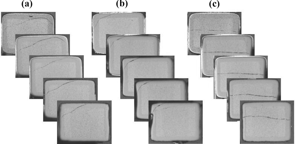 이철승 강병성 허강헌 박진우 214 Fig. 2. Investigation of the crack shape change as the polishing depth along the length direction. (a) side-unlevel crack (SUC), (b) eyebrow crack (EBC), (c) center crack (CC).