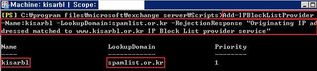 o 명령어모드설정아래의 [ 그림2-6] 과같이공급자이름 (name) 은 'kisarbl' 을입력하고, 조회도메인 (LookupDomain) 은 'spamlist.or.kr' 을지정하여실시간스팸차단리스트 (RBL) 를참조할수있도록합니다.