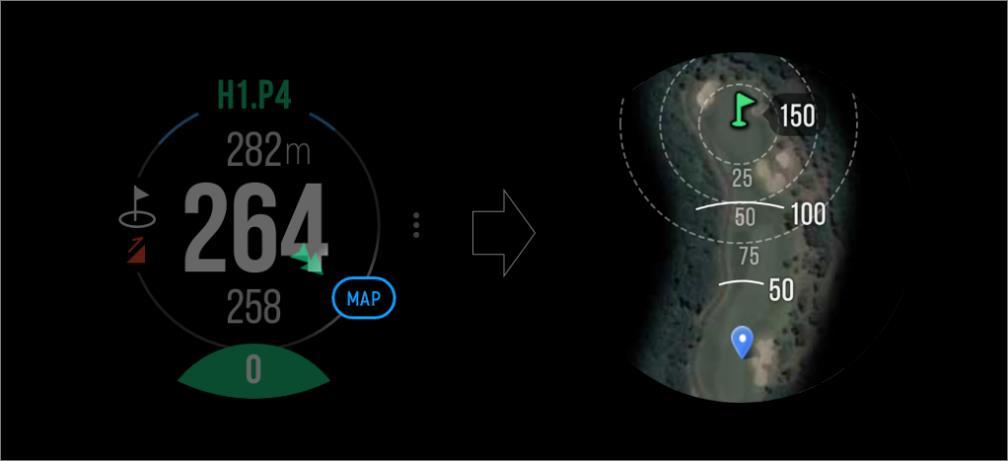 5. SMART CADDIE ユーザーガイド 3 : コースビュー 1) コースビュー Smart Caddie 距離情報画面の右下にある Map アイコンをクリックするとプレイ中のホール画像が表示されます コースビュー画面には