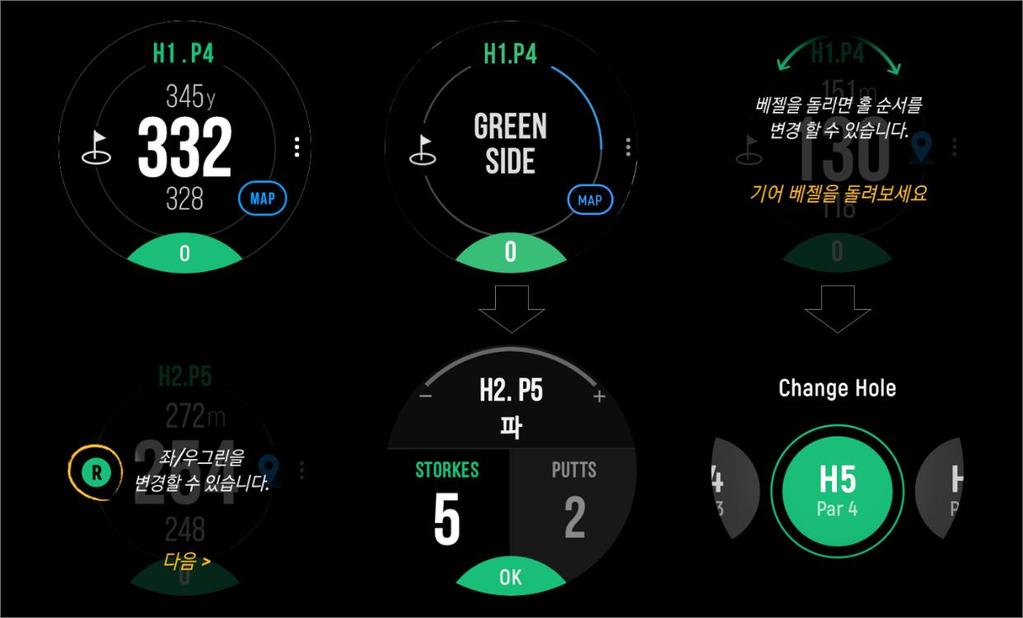 4. SMART CADDIE 사용가이드 2 : 거리정보확인및설정 SMART CADDIE에골프코스를다운로드하고 GPS를활성화하시면라운드준비가완료됩니다. 골프 코스를선택해라운드를시작한뒤해당티박스로이동하시면홀을자동으로인식합니다. 1) 거리정보확인 현재위치에서그린의앞, 중간, 뒤까지의거리가자동으로노출됩니다.