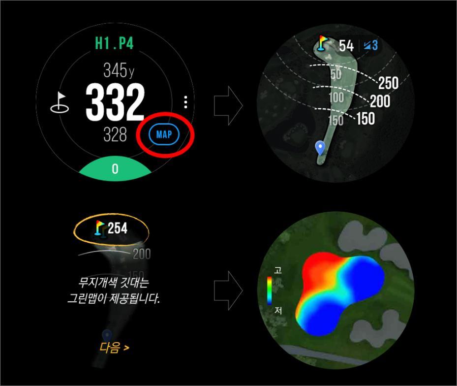 5. SMART CADDIE 사용가이드 3 : 코스뷰및그린맵확인 1) 코스뷰확인 SMART CADDIE 거리정보화면우측하단에 [MAP] 아이콘을선택하면, 라운드중인홀의전체이미지와거리정보를확인하실수있습니다.