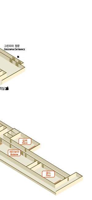 그린피아콘도정문 ( 지상 2층 ) 이용시, 중앙계단또는엘리베이터를이용하여 1층으로오기 객실가는길안내 1.