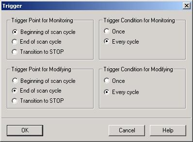 "Monitor/Modify Variable" 트리거포인트 PII 트리거포인트 "Beginning of Scan Cycle" ( 스캔시작 ) 트리거설정 트리거설정에따른 Monitor / Modify Update Status / Modify Values ( 일회 monitor / modify 작업 ) 반복프로그램 트리거포인트 "Transition to