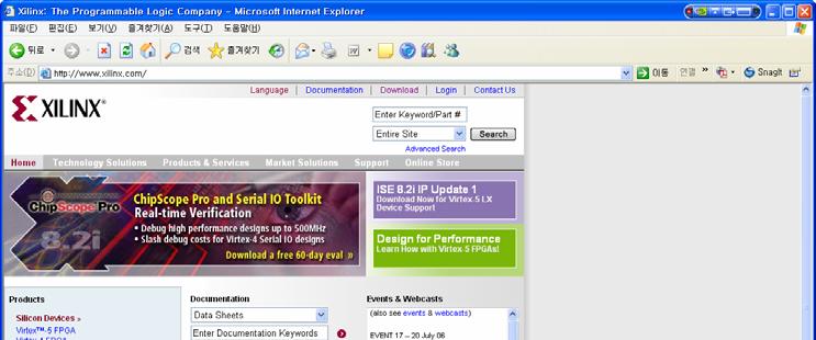 부록 7.7 Xilinx 설계소프트웨어설치방법 (ISE) Xilinx에서제공하는설계소프트웨어인 ISE를설치하기위해서는 Xilinx 홈페이지 (http://www.xilinx.com/) 의다운로드센터에서받을수있습니다.
