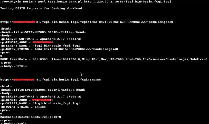 7) Besim 동작 test 7-1-1) apache(httpd) restart ] # service httpd restart 7-1-2) '/web2005-1.20/besim/' 에서, 'test_besim_bank.pl' 실행.
