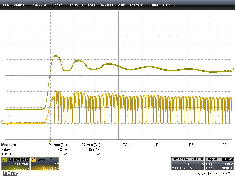 F1: V DRAIN, 200 V / div. Time Scale: 100 s / div. Figure 40 Differential Ring Surge at 2500 V / 90. Peak Drain Voltage Recorded is 505 V. Ch1: V BULK, 100 V / div.