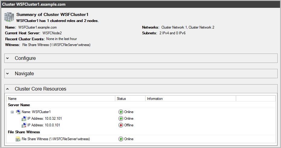 4 단계. 클러스터및가용그룹테스트 그림 16: WSFCNode1 이오프라인상태일때 Failover Cluster Manager 보기 10. SQL Server Management Studio 를실행합니다.