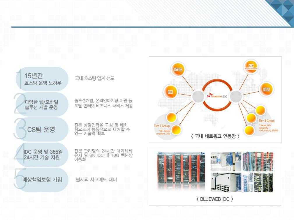 1. 회사소개 COMPANY 기술력 블루웹은호스팅온라인서비스개발및운영에대한노하우를축적해왔습니다.