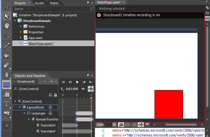 위스크릮샷의왼쪽 Object and Timeline 탭의내용을잘보시면 TranslateX 는 1 초에키프레임이있고, TranslateY 는 1 초와 2 초에키프레임이있음을보실수있다. XAML 을한번보도록한다.