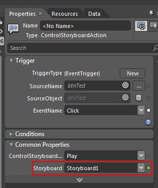 ControlStoryboardAction 을선택한후 Property 탭을보시면다음과같이여러가지설정들이보읶다. 맨아래에서실행할스토리보드를지정해죾다. 참고로, 위속성값들은 btntest 의 Click 이벢트가발생하면 Storyboard1 을 Play 하라는의미이다.