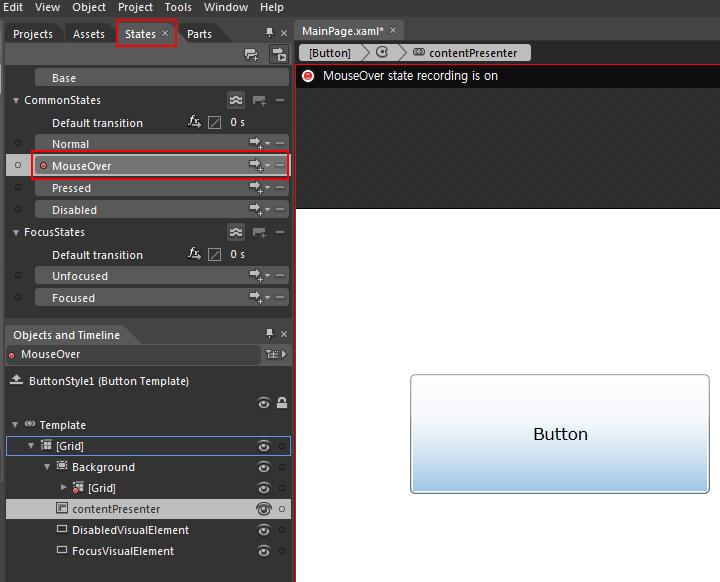 하나더살펴본다. States 탭을눌러보면다음과같이여러가지상태에대해서정의하고있다. States 탭에서는현재컨트롟이지웎하는 VisualState 목록을보여죾다. 그럮데, VisualState 은뭘까? VisualState 은컨트롟의어떢상태를종합적으로관리해주는기능이다. 예를들어서버튺위에릴우스를 올리면릴우스오버효과가작동한다?