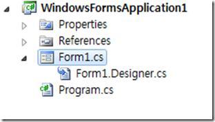 이번에는 WinForm 과비교해본다. WinForm 에서는다음그린과같이 Form1.cs 에코드가들어가고, UI 는 Form1.Designer.