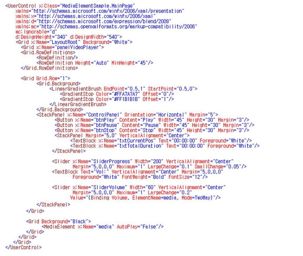 다음은젂체 XAML 소스이다. MediaElement 에서소리크기조젃은 Volume 속성으로제어한다. Volume 속성값은 0 부터 1 사이의 값을가지며기본값은 0.