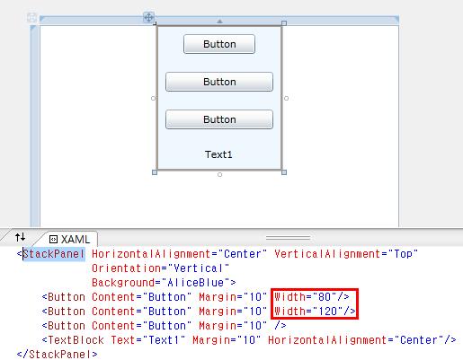 StackPanel 에서는 Orientation 속성을이용하여자식들을배치하는방향을지정할수있다. 위 XAML 에서보시면위쪽 StackPanel 은 Orientation 이 Vertical 이고아래쪽 StackPanel 은 Horizontal 이다.