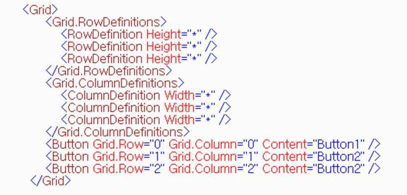 * Visual Studio 에서 Grid 의행 / 열을추가하려면 Grid 를선택한다음테두리부분에마우스를가져갂 다음원하는위치에서클릭하면행