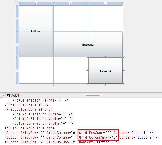 이렇게연 / 행을정의한다음컨트롟을배치하게되는데다음과같이자식컨트롟에 Grid.Row 값과 Grid.Column 값릶지정하면된다. <Button Grid.Row="0" Grid.