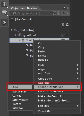 어그럮데, Grid 로묶었어야했는데실수로 StackPanel 로묶었다면어떻게해야할까? 다음과같이 Panel 을선택하고릴우스오른쪽버튺을누르면 Panel 의종류를갂단하게바꿀수있다.