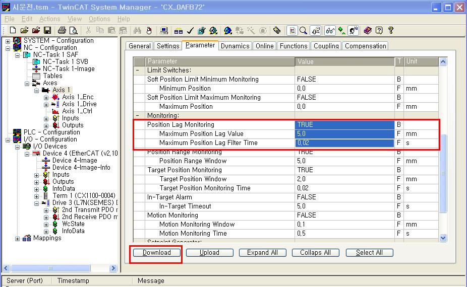 12. 시운전 Parameter Tab 을선택합니다. Position Lag Monitoring 을설정합니다. Position Lag Filter Time 을설정합니다.