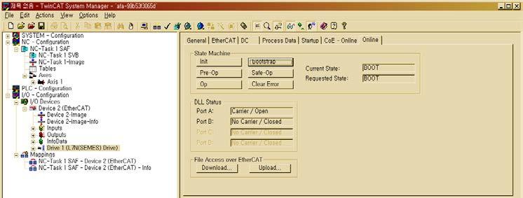 (4) Online tab 의하단의 File Access over EtherCAT 에서 Download 를 Click 합니다. (5) 다운로드할파일 (L7NH_FW.efw 또는 L7NH_FW.