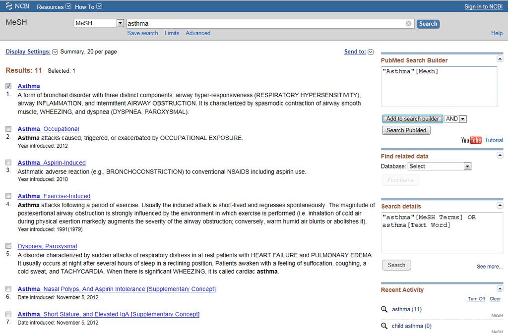 아래 F.12 는 asthma 라는키워드를입력한뒤, MeSH term 이검색된화면입니다. 여기서 asthma 라는 MeSH term 으로검색을원하면단어앞박스에체크를하고, 오른쪽 PubMed Search Builder 박스아래 Add to search builder 를클릭하면해당검색어가검색창안으로입력됩니다.