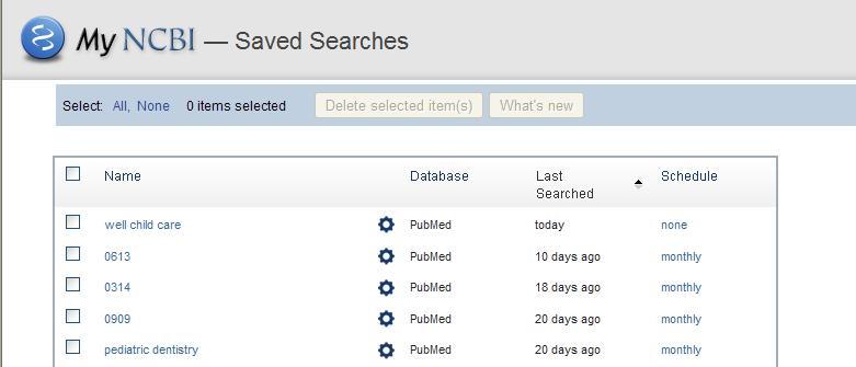 이렇게저장한검색어는 My NCBI 의 Save Searched 메뉴에서관리할수있습니다. Managed Saved Search 를선택하고들어가면저장된검색식들이보입니다. (F.64) Schedule 을선택하면다시이메일을받는주기, format 등을수정할수있습니다.
