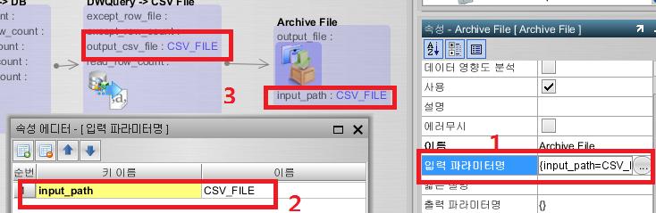 2. CSV_FILE 을입력한다. 1. Archive File 을선택후입력파라미터명을선택한다. 2.