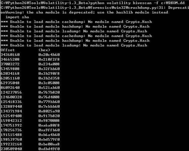 2-2-2. Volatility 툴을이용하여 hive file 찾아내기 * python volatility plugin : hivescan, hivelist, printkey 이용 2-2-2-1.