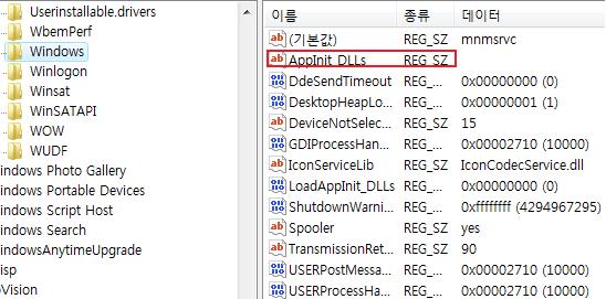 3-4. AppInit_DLLs AppInit_DLLs 라는이름은 Application Initialize DLLs 을줄읶것으로보읶다. 따라서이값은응용프로그램이초기화핛 DLL 목록을기억하고있는값으로추정된다.