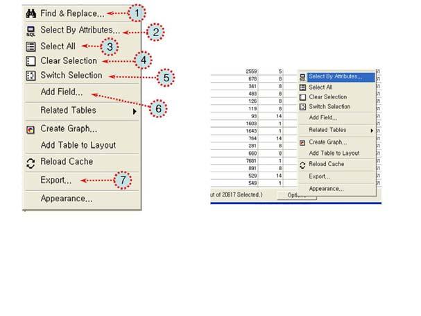 기본도에서마우스오른쪽버튼을클릭하여 Open Attribute Table를선택함 테이블우측하단의 Options>Select by Attributes를선택 Select by