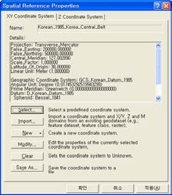 Spatial Reference Properties 창에서 XY Coordinate System 탭의 Details에서 표시된내용을통해해당레이어에정의된좌표계내용을살펴보고확인클릭 Define Projection