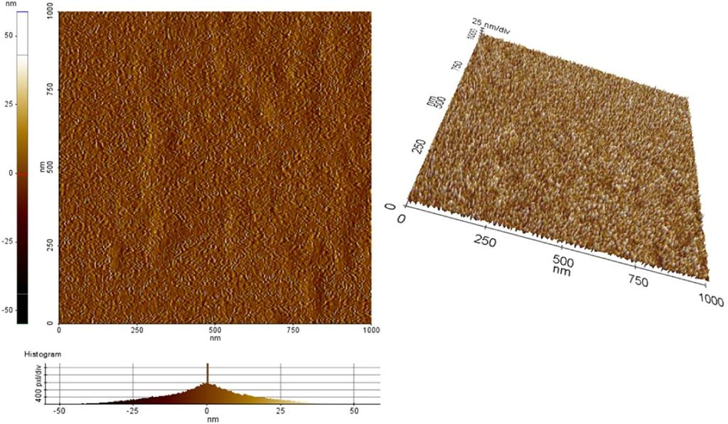 80%를 나타냈다. Nanodiamond가 첨가되지 않은 조합보다 전체 적으로 낮은 값을 나타내었으나 nanodiamond의 첨가가 Fig. 1. SEM image of contact lens sample (Ref._ND). 힘 현미경(Atomic Force Microscope) 및 SEM을 사용하여 표면 상태 및 나노입자를 분석한 결과 Ref.