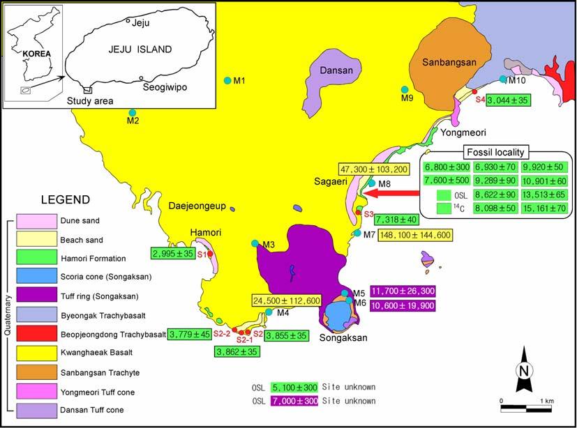 238 김경수 Á 김정률 Fig. 1. The geologic map, the sample sites, and results of age dating (numbers in the box) around the Mt. Songak (after Park et al., 2005; Cheong et al., 2005).