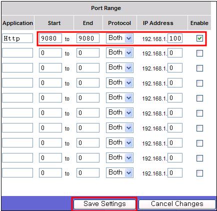 아래그림의상단메뉴에서 Applications&Gaming -> Port Range Forward 항목을차례로클릭합니다. 4. Start 와 End Port 는 9080 을각각입력하고, IP Address 는 4 에서설정된 IP Address 를 예 ) 192.168.1.100 을입력합니다.