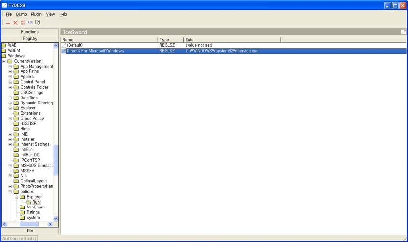 Icesword 는숨겨진레지스트리값을모두탐색이가능하다. 이전 Regmon을통해자동으로레지스트리편집기내에서검색된레지스트리값이확인이안됐지만 Icesword 로찾을수있다.