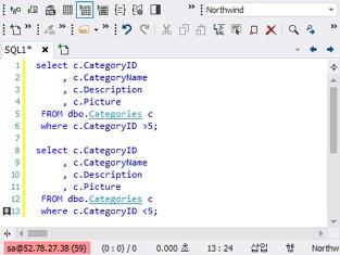 SQLGate for SQL Server Developer User Guide 54 [ 책갈피바로가기 ] 5. 편집기에서 Ctrl+0 을누릅니다. 설정된책갈피로커서가이동합니다. 노트 : 책갈피는숫자키 0 9 번까지설정할수있으며같은편집기창에서만실행됩니다. SQL 구문주석한번에추가하기 SQL 구문에서주석을한번에추가하기를설명합니다. 1.