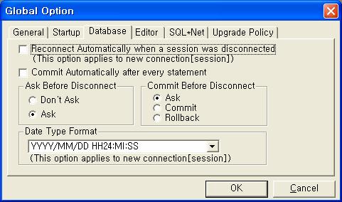 Reconnect Automatically when a session was disconnected, statement. Commit Automatically after every statement SQL Tool statement Commit. Ask Before Disconnect Ask.