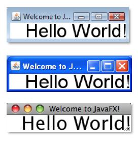 Hello World in JavaFX public class JavaFXExample extends Application { @Override public void start(stage stage) { Scene scene = new Scene( LabelBuilder.create().