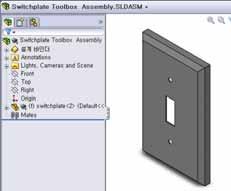 5 장 : SolidWorks Toolbox 기초사항 실제교육연습 Toolbox 파트추가 SolidWorks 튜터리얼에서생산성향상 : Toolbox 의지침을따릅니다. 그런다음아래의연습을진행합니다. Toolbox 에서미리정의된하드웨어를사용하여스위치판에나사를추가합니다. 이전단원에서는나사를모델링하고어셈블리의스위치판에메이트하여나사를추가했습니다.