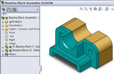 5 장 : SolidWorks Toolbox 기초사항 연습및프로젝트 베어링블록어셈블리 어셈블리열기 와셔배치 볼트와와셔를추가하여베어링받침대를베어링블록에체결합니다. 1 Bearing Block Assembly를엽니다.