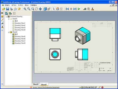 7 장 : SolidWorks edrawings 기초사항 edrawings Manager 사용 edrawings Viewer 왼쪽에있는 edrawings Manager 를사용하여파일정보를관리하는탭을표시할수있습니다. 파일을열면가장적절한탭이자동으로활성화됩니다. 예를들면, 도면파일을열면시트탭이활성화됩니다. 시트탭을사용하면다중시트도면을쉽게탐색할수있습니다.