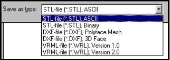 이옵션은툴바의버튼을사용하는것으로써실행할수가있습니다. Save Geometry as 이기능에의해도형을다른파일포맷으로서출력할수있거나, 혹은, 몇개의도형을결합해 1 개의새로운파일로서출력합니다. 세가지파일타입이유용합니다. STL( 스테레오리소그래피포맷 ), DXF( 데이터교환포맷 ) 및 WRL(VRML WoRLD 포맷 ) 입니다.
