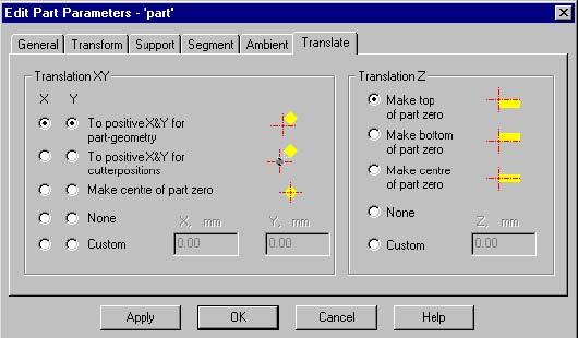 Tab page 'Translate' (DeskProto 라이트버전에는없습니다 ) 최종적인 part parameter 로써 DeskProto 는도형에대한 ( 자동 ) translation 을적용할것입니다. 이 translation 은 작업물영점을설정하도록옵션을줍니다. X,Y, 및 Z 에대해분리된옵션이유용합니다.