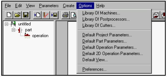 있습니다. 대개의기계들은이를지원하지않으며, 대개는 DNC 전용의혹은다른컴퓨터에연결되어있을 것입니다. 굳이이를사용하겠다면 DeskProto Preferences 에서출력포트 (LPT1...COM1...) 를설정한후에사용할 수있을것입니다. ( 단지해당포트로전송만해주게됨 ) Options menu Options 메뉴는 DeskProto 의구성을설정합니다.