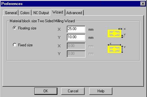 The tab page Wizard contains a preference that you can set for the Two Sided Milling Wizard: the size of the material block. Two options are available: -Floating size.