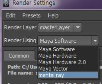 render setting 창을열어 render using 을 mental ray 로설정한다.