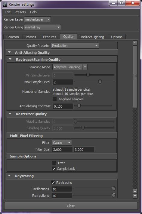 rendering 된이미지의퀄리티를올리고싶으면 mental lay 탭에서 raytrace 체크하고, quality 를