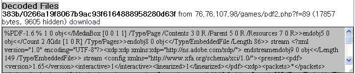 pdf2.php pdf2.php pdf.php jsunpack PDF Exploit PDF exploit 76.76.107.98/games/pdf2.php? f=89 http://jsunpack.