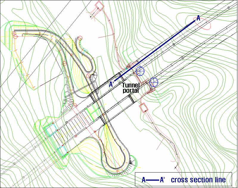 터널갱구지역사면안정성및산사태위험도평가 Fig. 8. Cross section line selected for slope stability analysis of a portal slope Table 3.