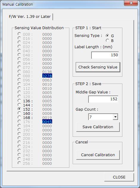 3-6 Manual Calibration 갭센서수동보정기능은자동보정기능을사용한후에도프린터가라벨용지의갭 ( 또는블랙마크 ) 을인식하지못하는경우에사용합니다. 프린터가연결되어있는상태에서유틸리티를실행시키고통신설정을한후에 Calibration Setting Manager 버튼을클릭하십시오.