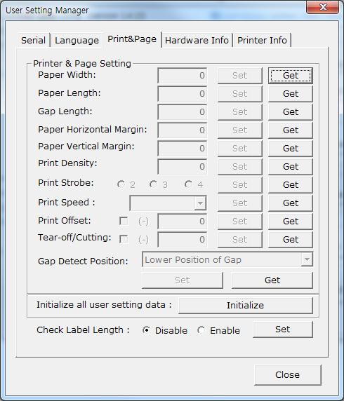 3-2-3 Printer & Page Setting 1) Print & Page 탭을클릭하십시오. 2) 현재설정값을가져오기위해서 Get 버튼을클릭하십시오.